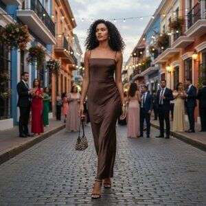 Reformation Size 10 Frankie Silk Maxi Dress Cafe Brown Evening Formal Gown NEW